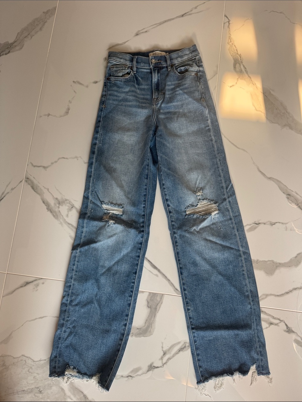 Women's Blue Distressed Wide-Leg Jeans